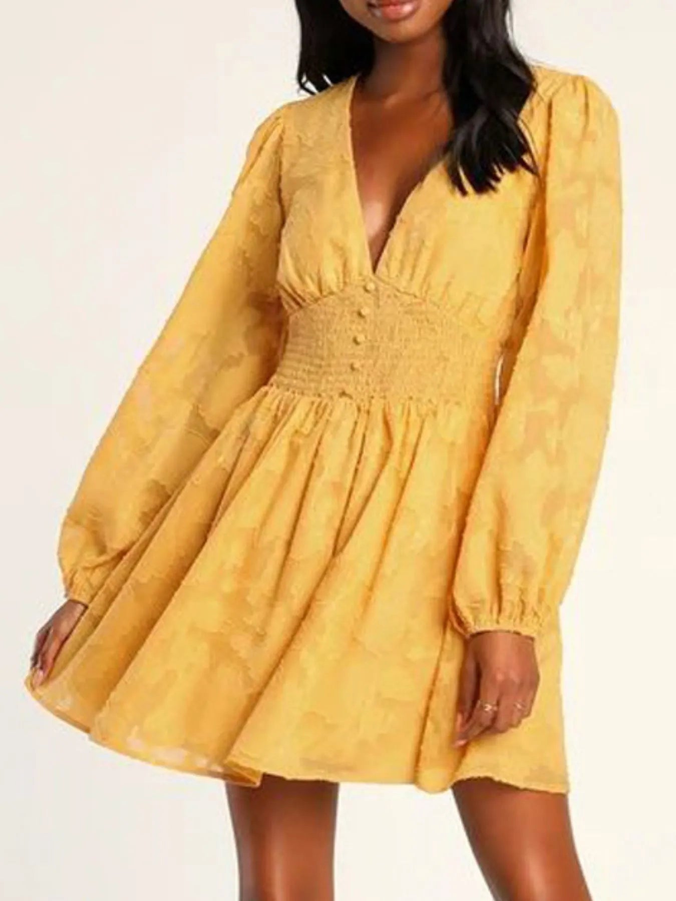 Smocked V-Neck Balloon Sleeve Dress OutfitFlow