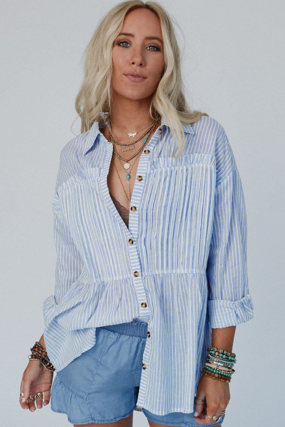 Outfit Flow - High-Low Striped Collared Neck Long Sleeve Shirt