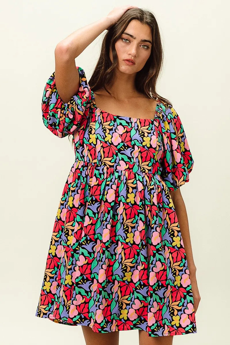 BiBi Floral Print Puff Square Neck Dress OutfitFlow
