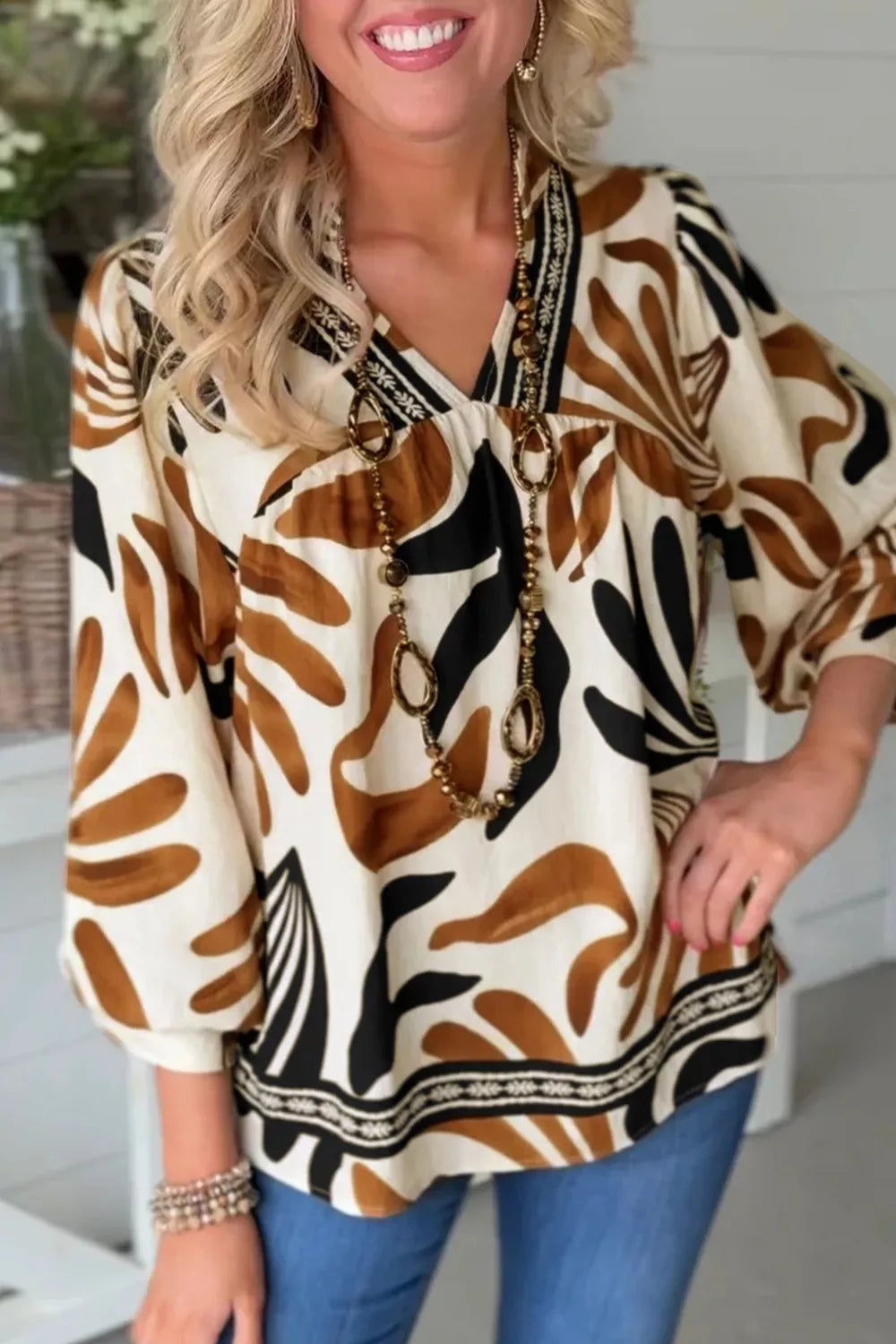 Abstract Print Puff Sleeve Loose Blouse Brown OutfitFlow
