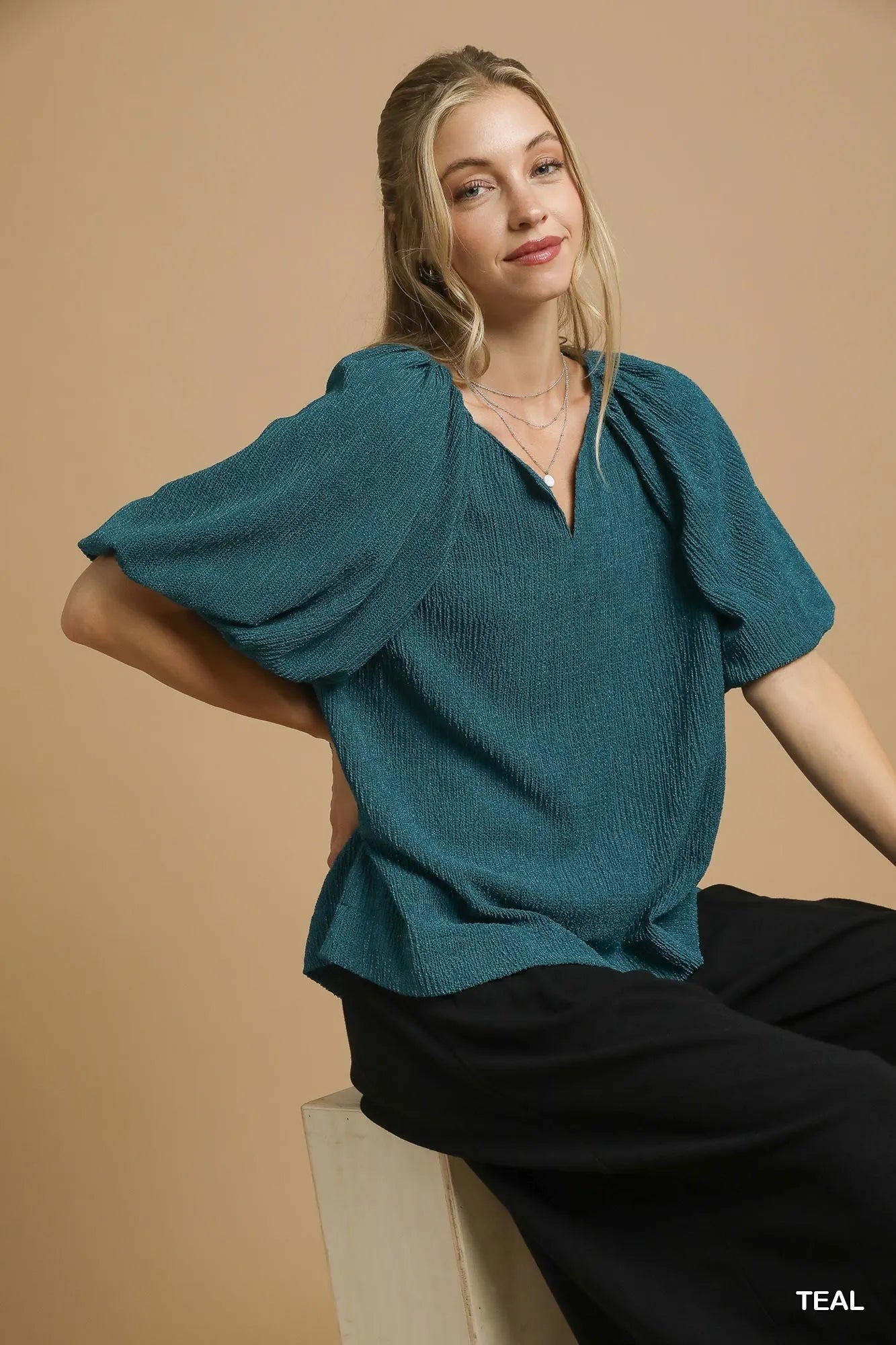 Umgee Textured Flutter Sleeve Notch Neck Top OutfitFlow