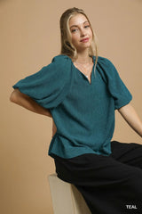 Umgee Textured Flutter Sleeve Notch Neck Top OutfitFlow