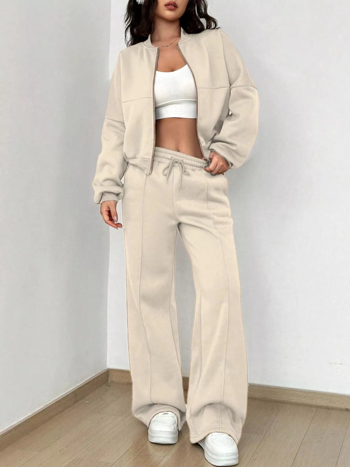Casual Solid Color Zipper Jacket and Wide Leg Pants Set OutfitFlow