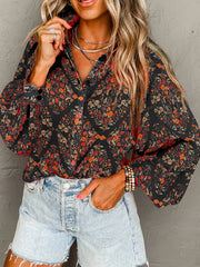 Floral Print Lantern Sleeve Loose Shirt Black OutfitFlow