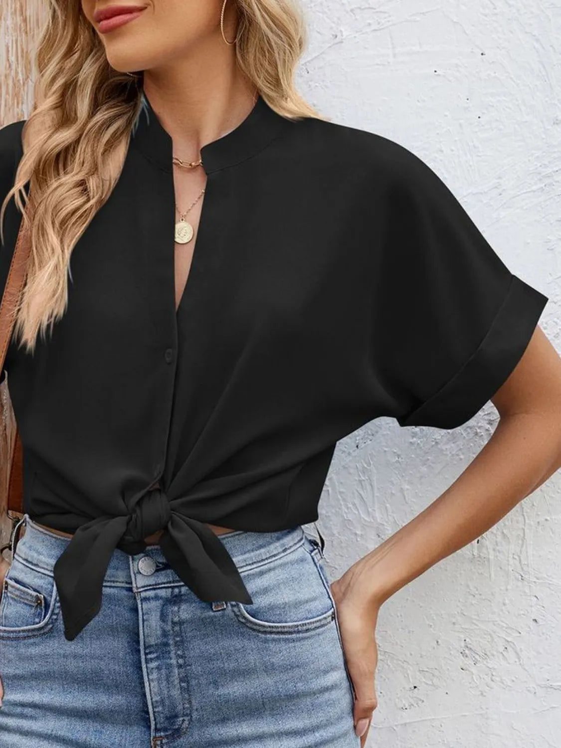 Notched Short Sleeve Blouse OutfitFlow