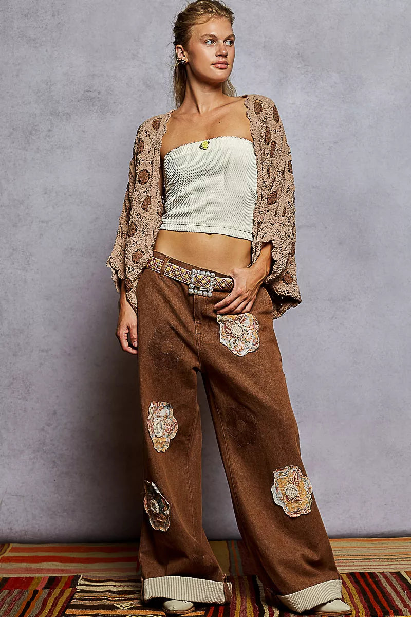 POL Openwork V-Neck Chenille Cardigan with Contrast Floral OutfitFlow