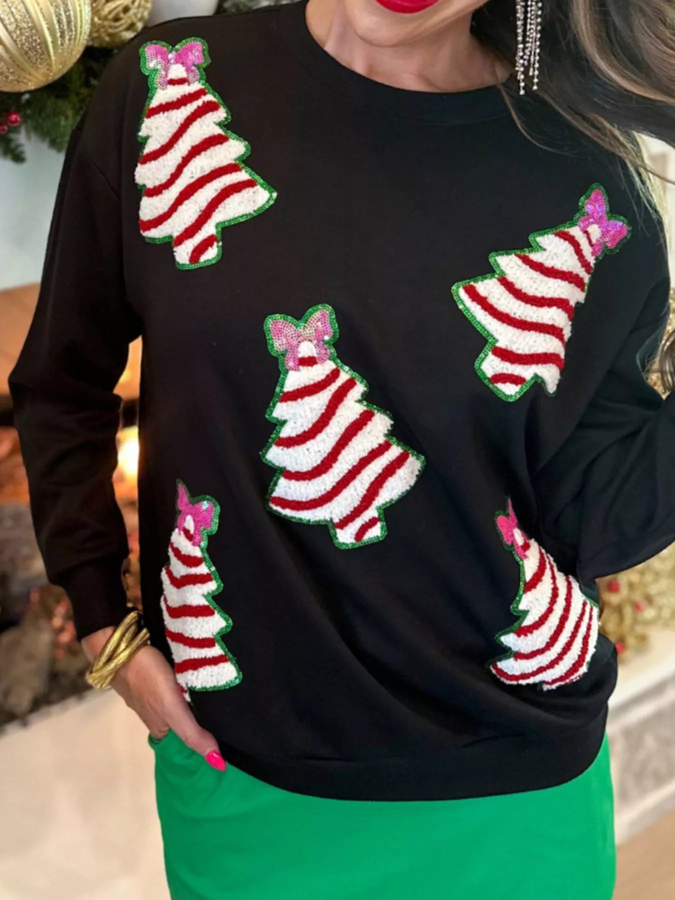 Christmas Tree Sequin Long Sleeve Sweatshirt OutfitFlow