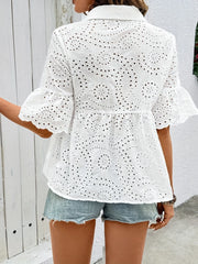 Eyelet Button Down Half Sleeve Shirt OutfitFlow
