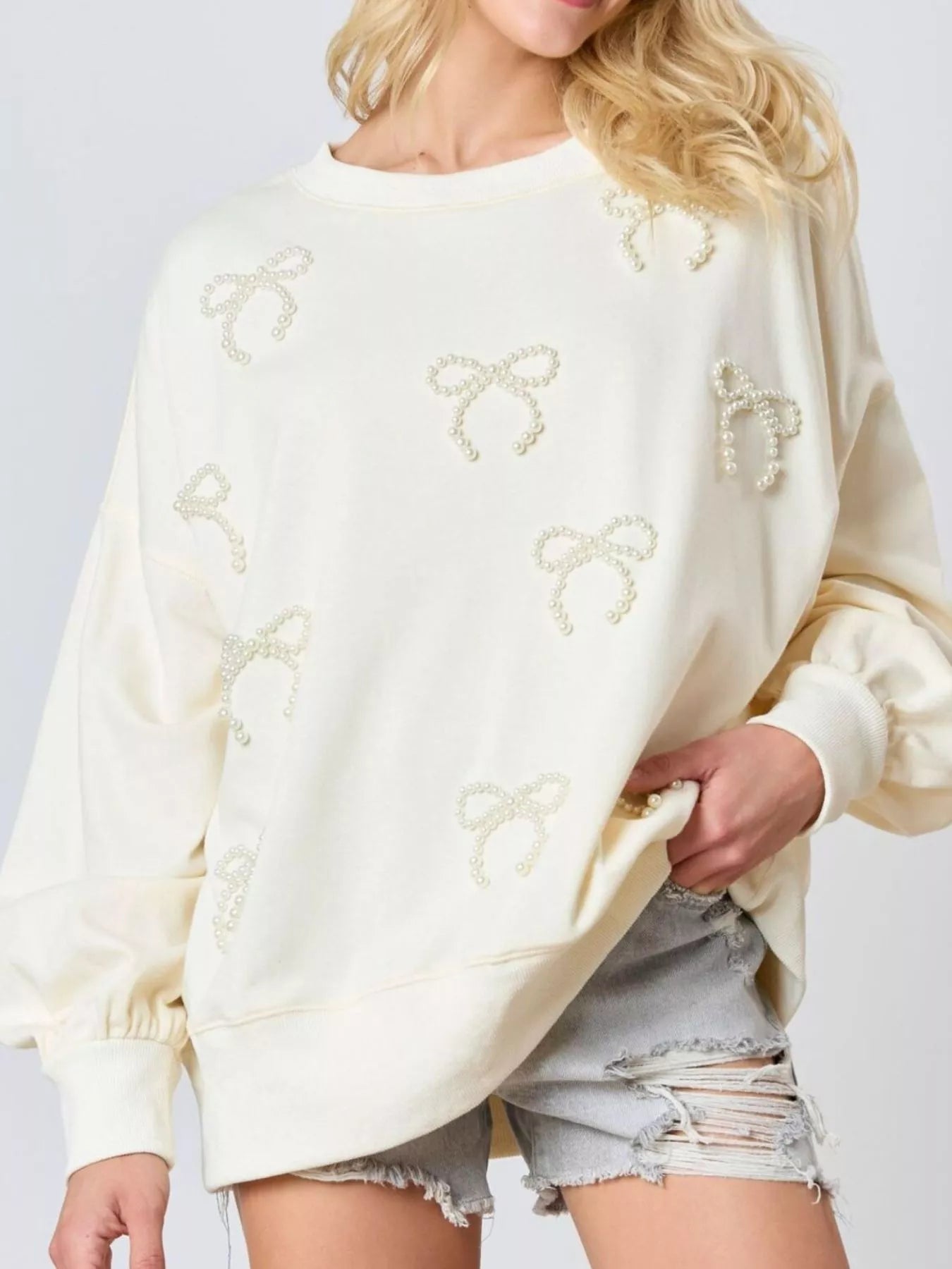 Pearl Embellished Bow Long Sleeve Sweatshirt OutfitFlow