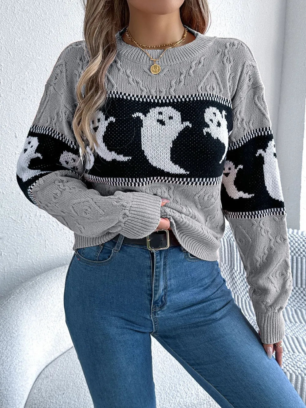 Ghost Round Neck Long Sleeve Sweater OutfitFlow
