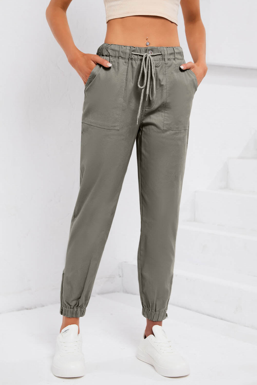 Drawstring Side Zip Joggers Charcoal OutfitFlow