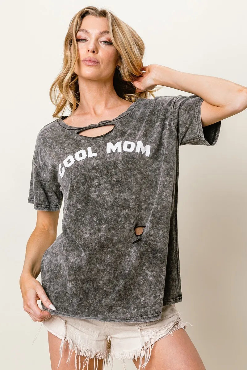 BiBi Washed Laser Cut Detail Cool Mom Print Top OutfitFlow