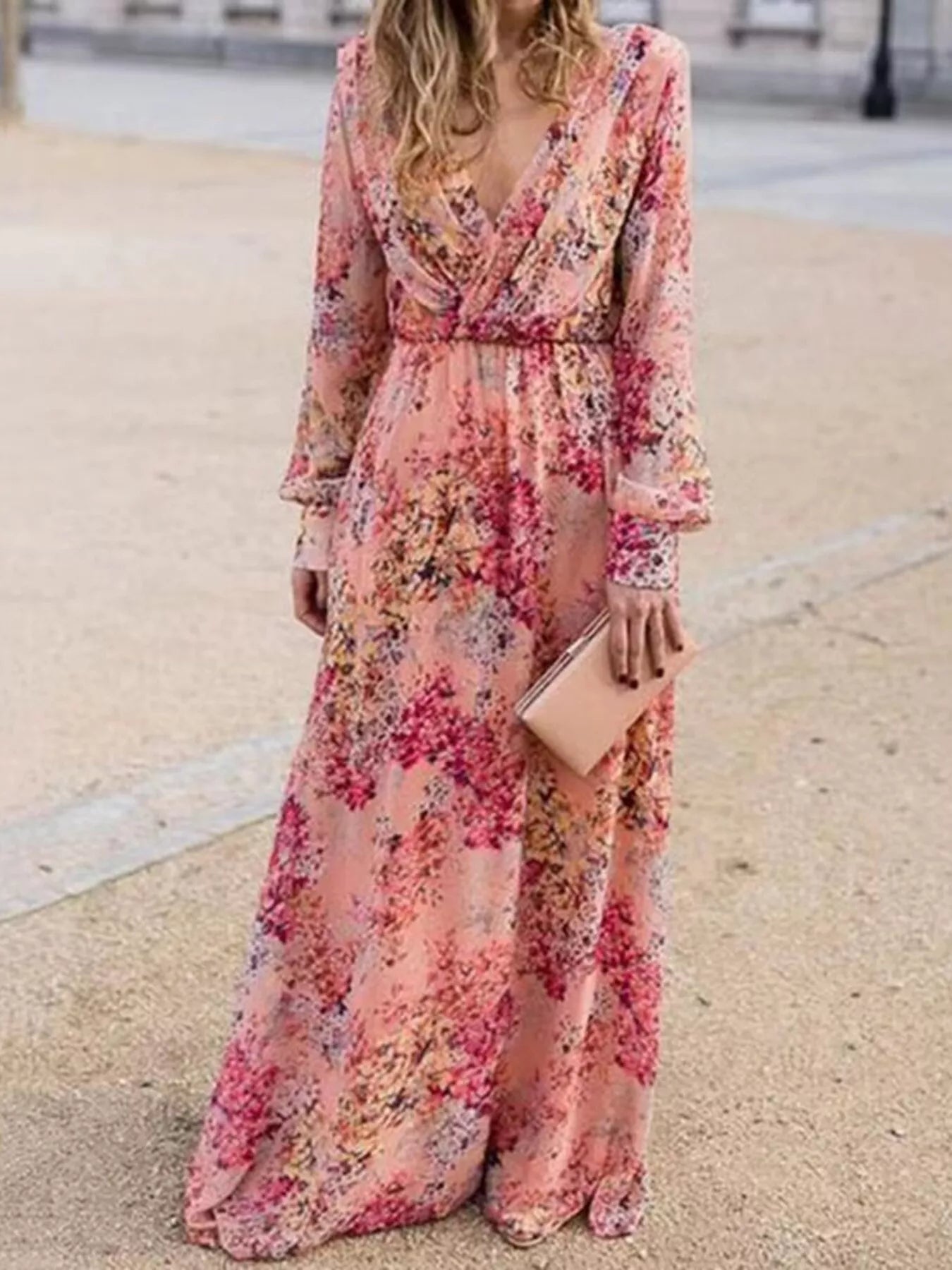 Full Size Floral Print Long Sleeve Maxi Dress Plus Size OutfitFlow