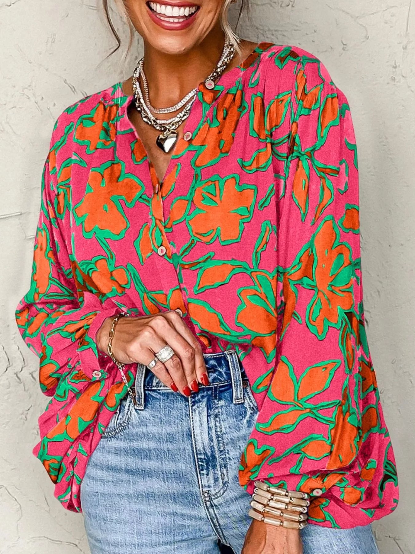 Floral Print Batwing Sleeve Buttoned Loose Fit Shirt OutfitFlow