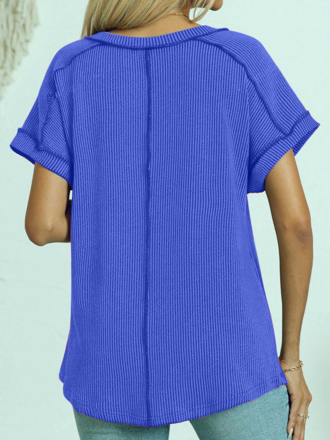 Exposed Seam V-Neck Short Sleeve Top OutfitFlow