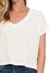 Zenana Hacci Slub V-neck Drop Shoulder Crop Top OutfitFlow