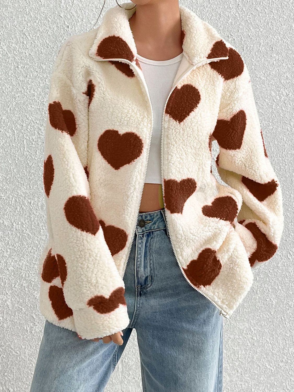 Outfit Flow - Heart Zip Up Drop Shoulder Furry Jacket