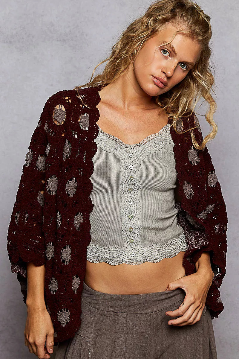 POL Openwork V-Neck Chenille Cardigan with Contrast Floral OutfitFlow