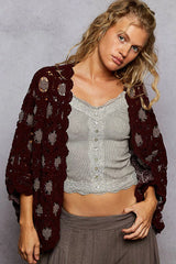 POL Openwork V-Neck Chenille Cardigan with Contrast Floral OutfitFlow