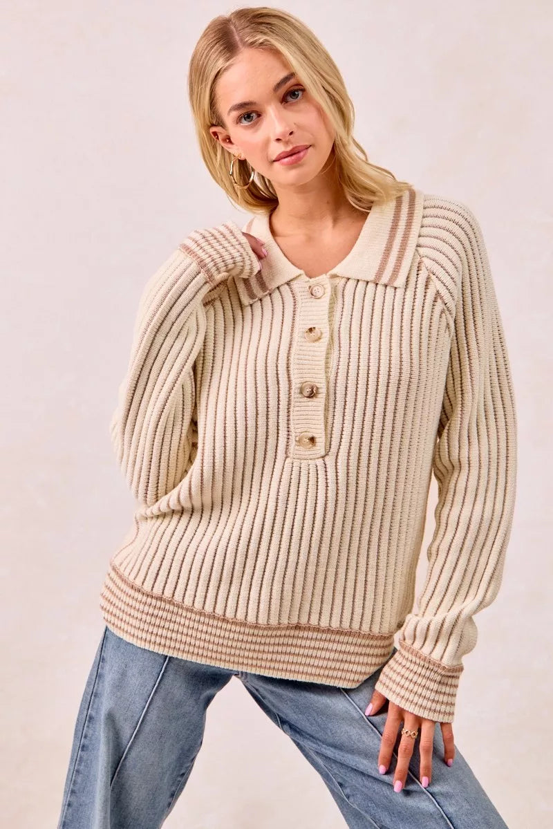 BiBi Half Button Ribbed Two Tone Sweater OutfitFlow