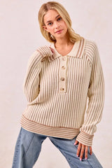 BiBi Half Button Ribbed Two Tone Sweater OutfitFlow