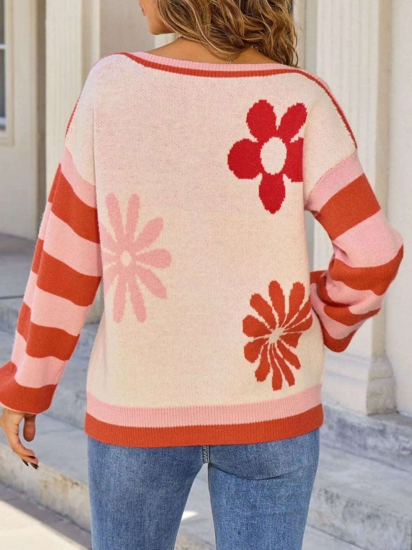 Floral Striped Sleeve Round Neck Sweater Trendsi