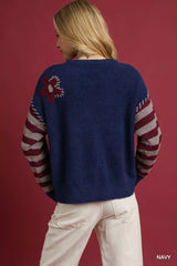 Umgee Flower Jacquard Striped Long Sleeve Sweater OutfitFlow