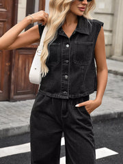 Button Up Vest and Jeans Denim Set OutfitFlow