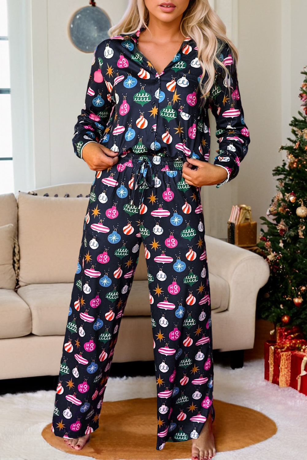 Outfit Flow - Christmas Lights Print Collared Neck Top and Pants Set