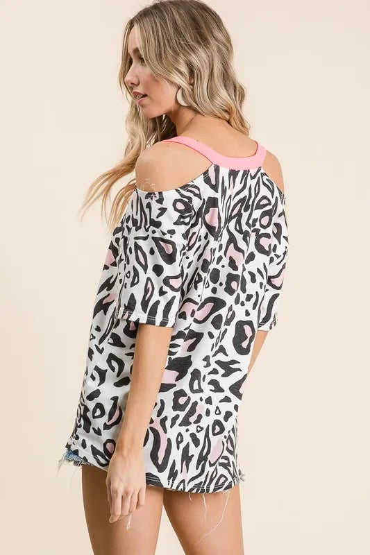 BiBi Leopard Print Top with Shoulder Cut Out OutfitFlow