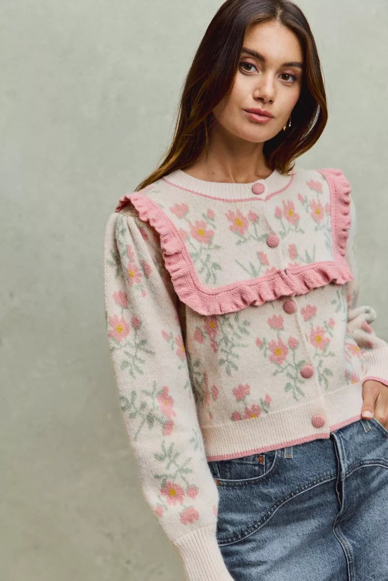 SO ME Flower With Ruffle Detailing Sweater Cardigan OutfitFlow