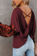 Outfit Flow - Sequin Crisscross Boat Neck Long Sleeve Blouse