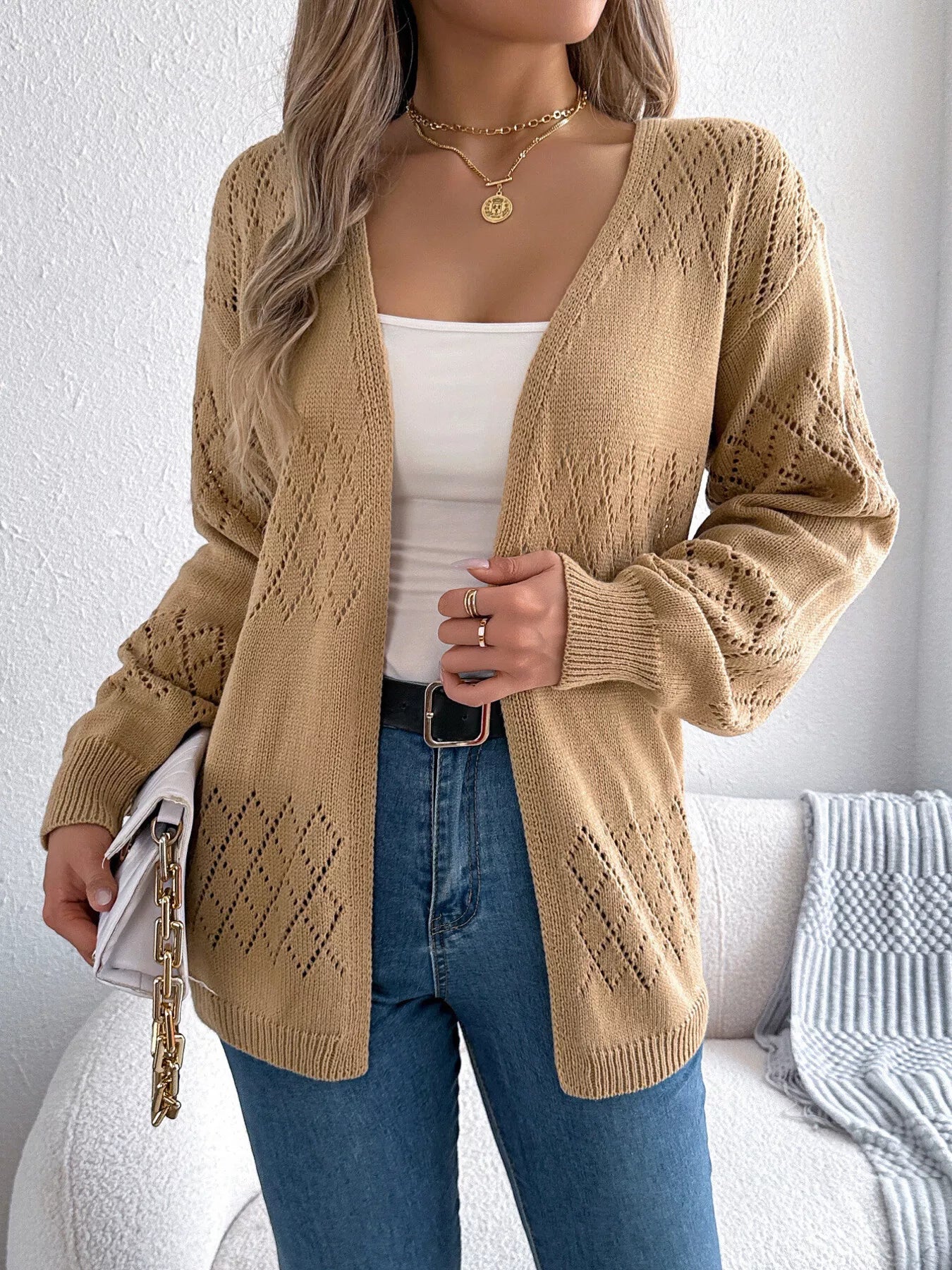 Openwork Open Front Long Sleeve Cardigan OutfitFlow