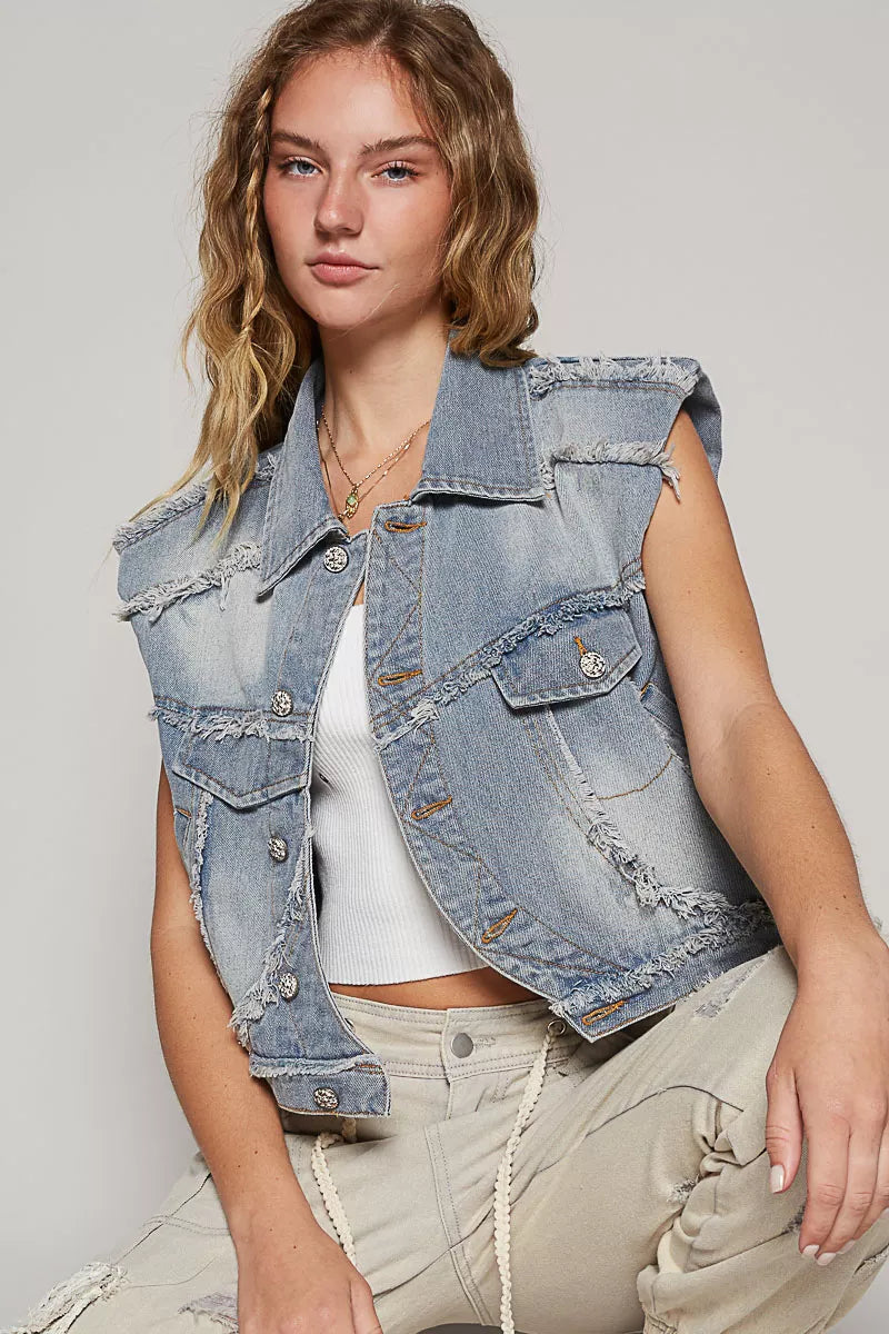 POL Assymetrical Front Closure Raw Hem Denim Vest OutfitFlow
