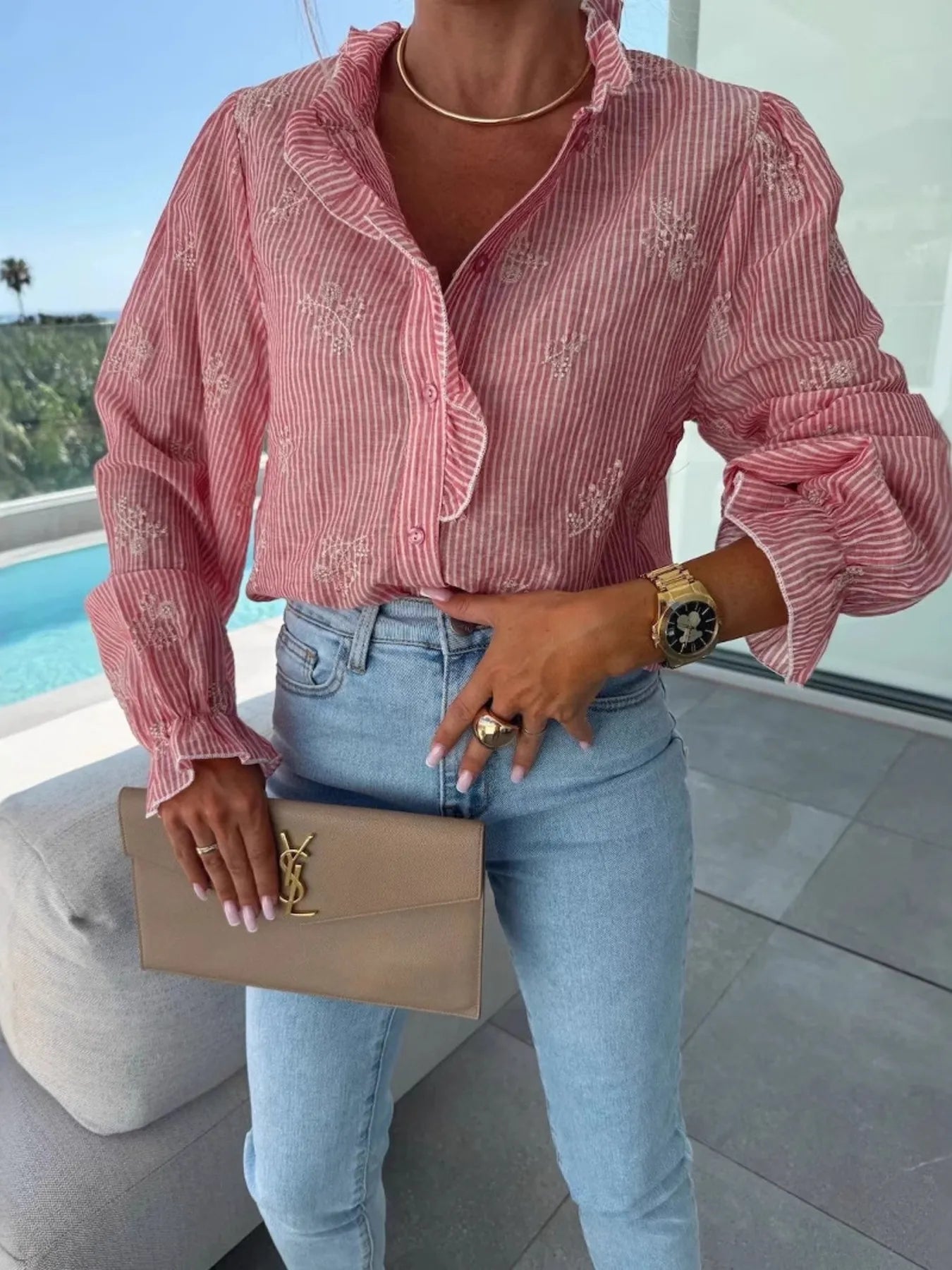 Button Up Flounce Sleeve Shirt OutfitFlow