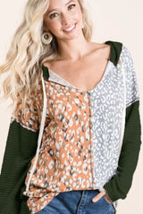 BiBi Popcorn Waffle Knit Hoodie with Print Block Front OLIVE MUSTARD OutfitFlow