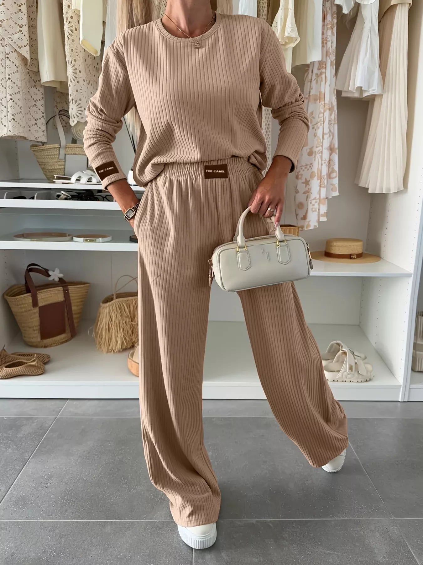 Ribbed Knit Round Neck Top and Pants Set OutfitFlow