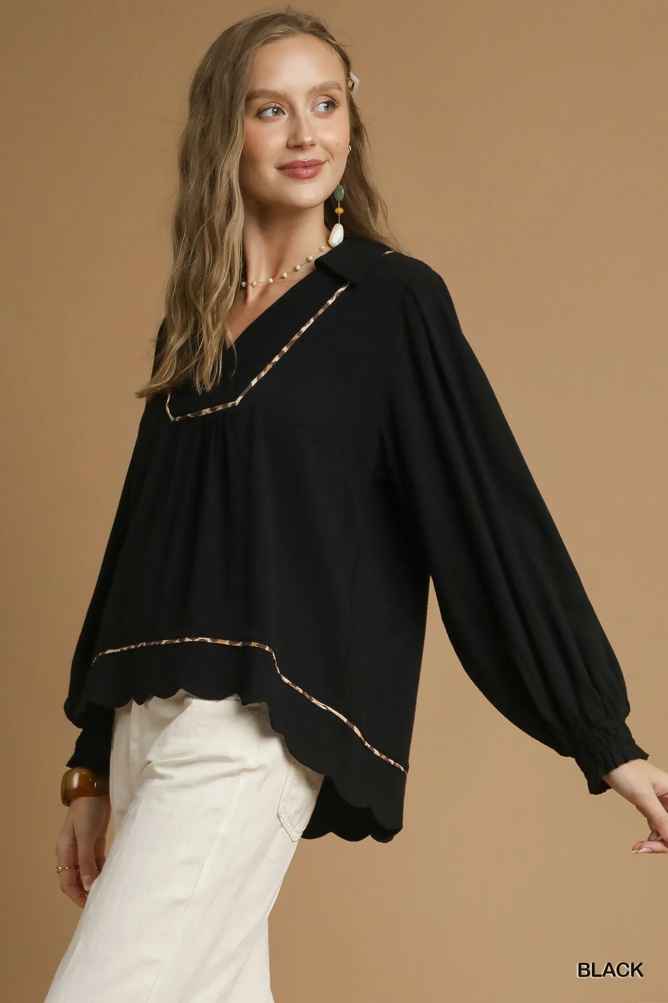 Umgee Full Size Linen Scallop Hem Blouse with Contrast Trim Plus Size Trendsi