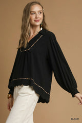 Umgee Full Size Linen Scallop Hem Blouse with Contrast Trim Plus Size Trendsi