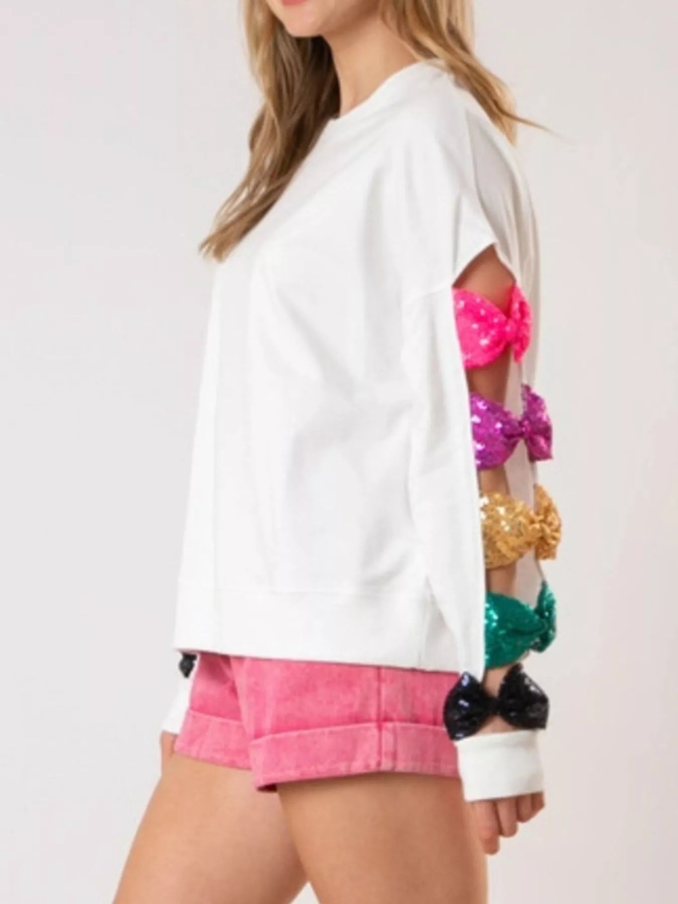 Sequin Bow Cutout Round Neck Sweatshirt OutfitFlow