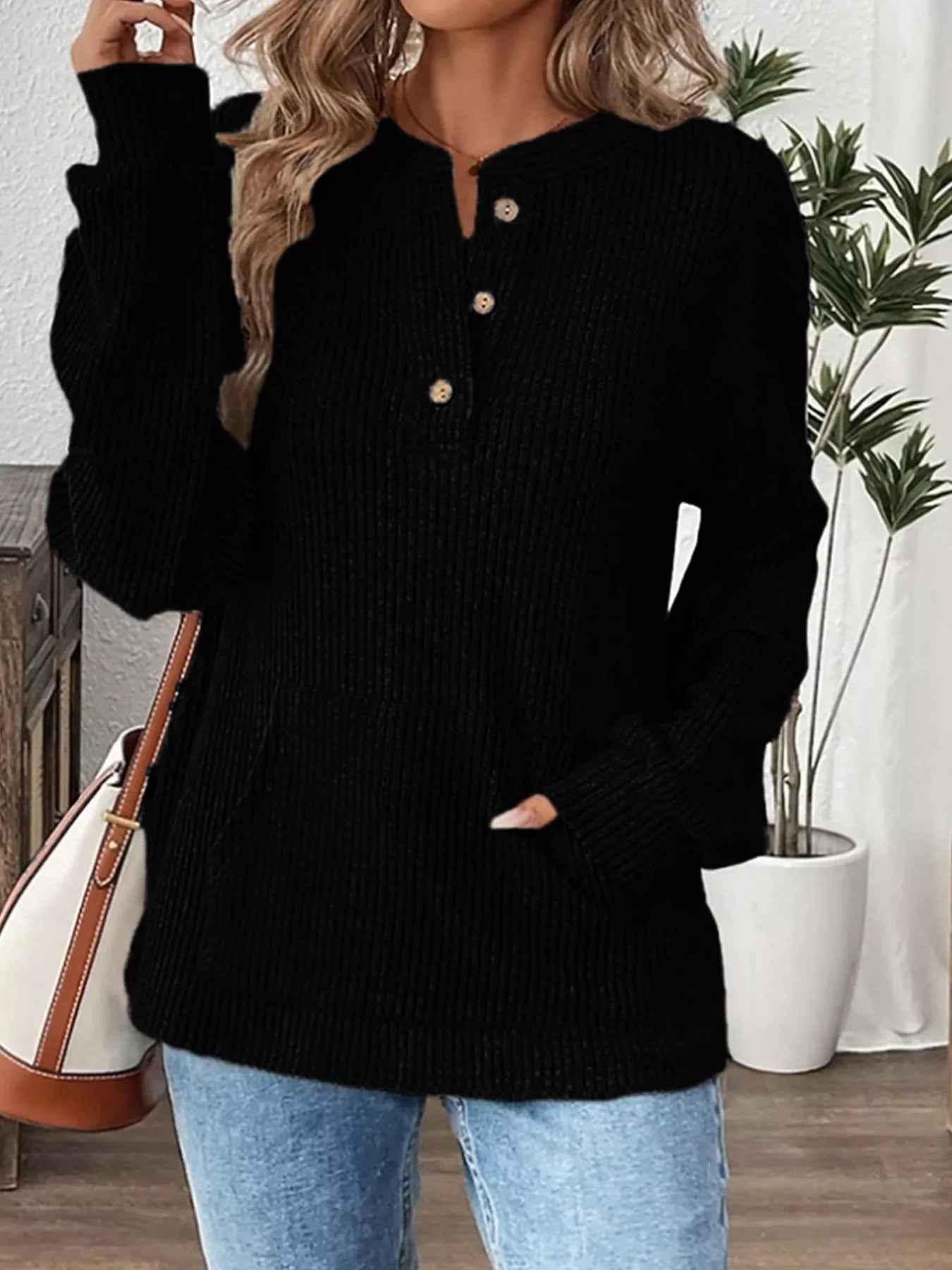 Ribbed Button Detail Long Sleeve T-Shirt Black OutfitFlow