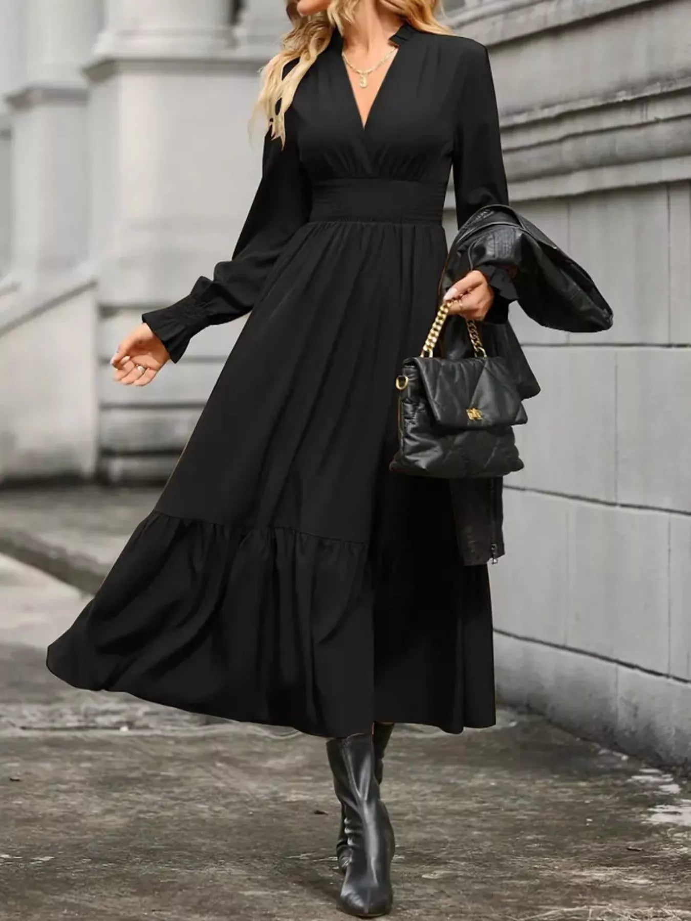 Surplice Long Sleeve Tiered Midi Dress OutfitFlow
