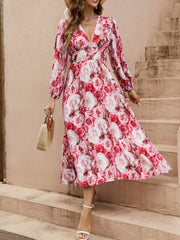 Floral V-Neck Long Sleeve Dress OutfitFlow