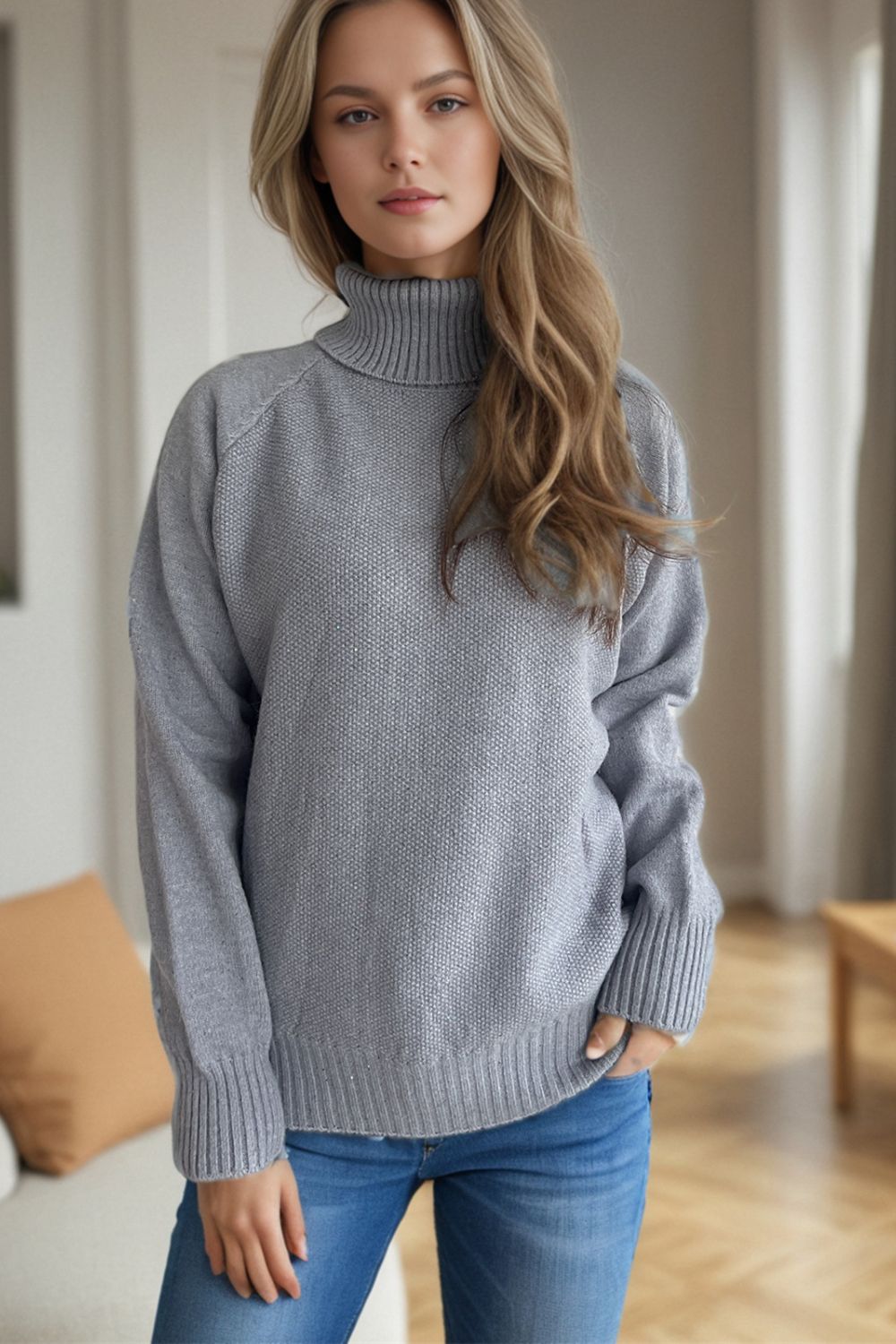 Outfit Flow - Ribbed Turtleneck Raglan Sleeve Sweater