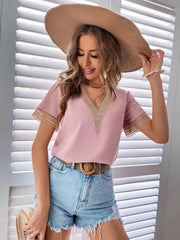Full Size Contrast V-Neck Short Sleeve Blouse Plus Size OutfitFlow