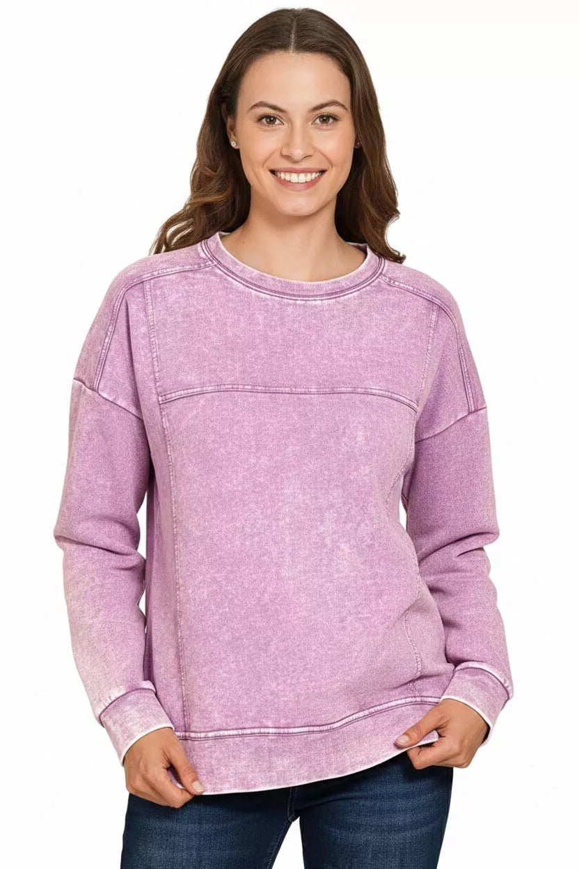 Zenana Acid Wash French Terry Exposed-Seam Pullover OutfitFlow