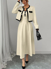 Contrast Trim Maxi Dress and Cropped Cardigan Set Cream OutfitFlow