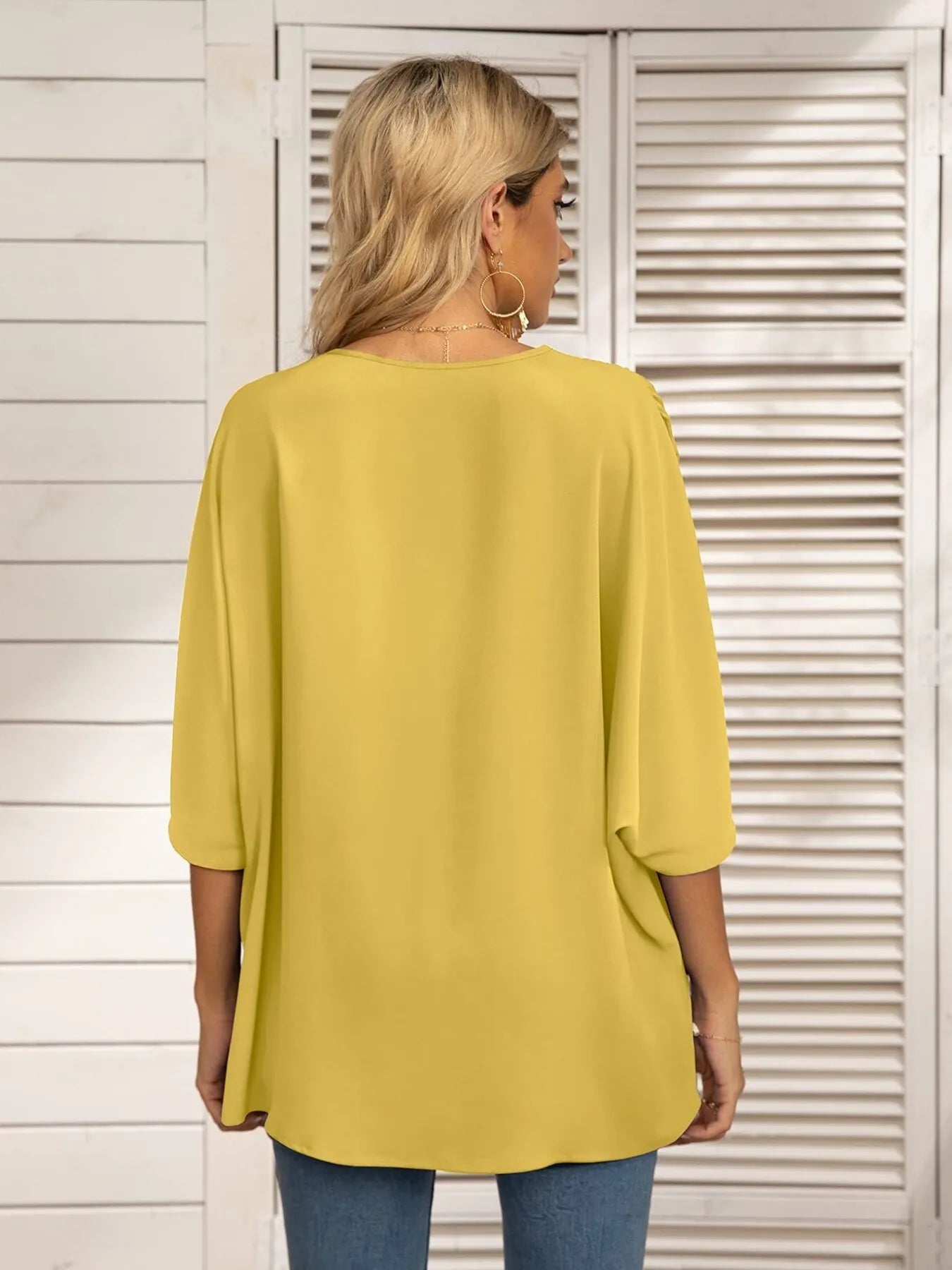 Oversized Contrast V-Neck Half Sleeve Blouse OutfitFlow