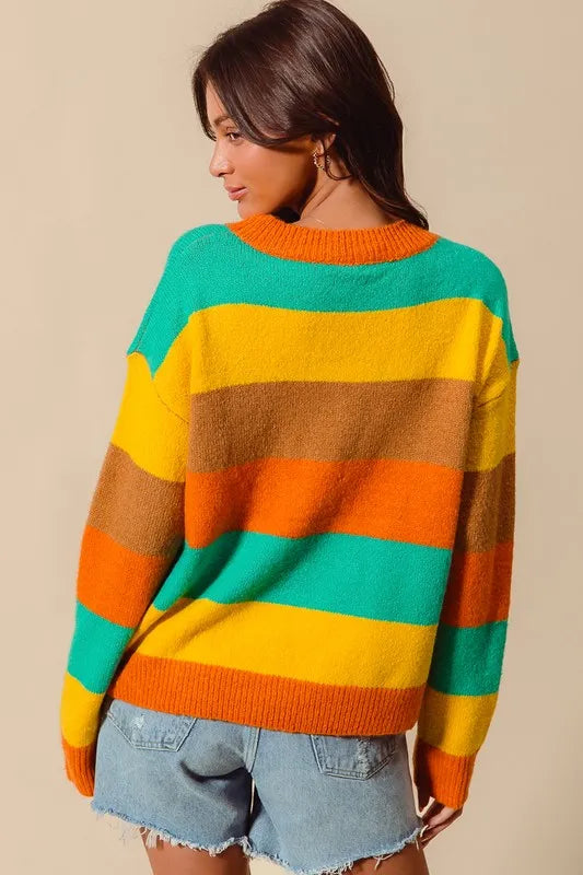 SO ME Multi Color Stripe Sweater with Ribbed Detail OutfitFlow