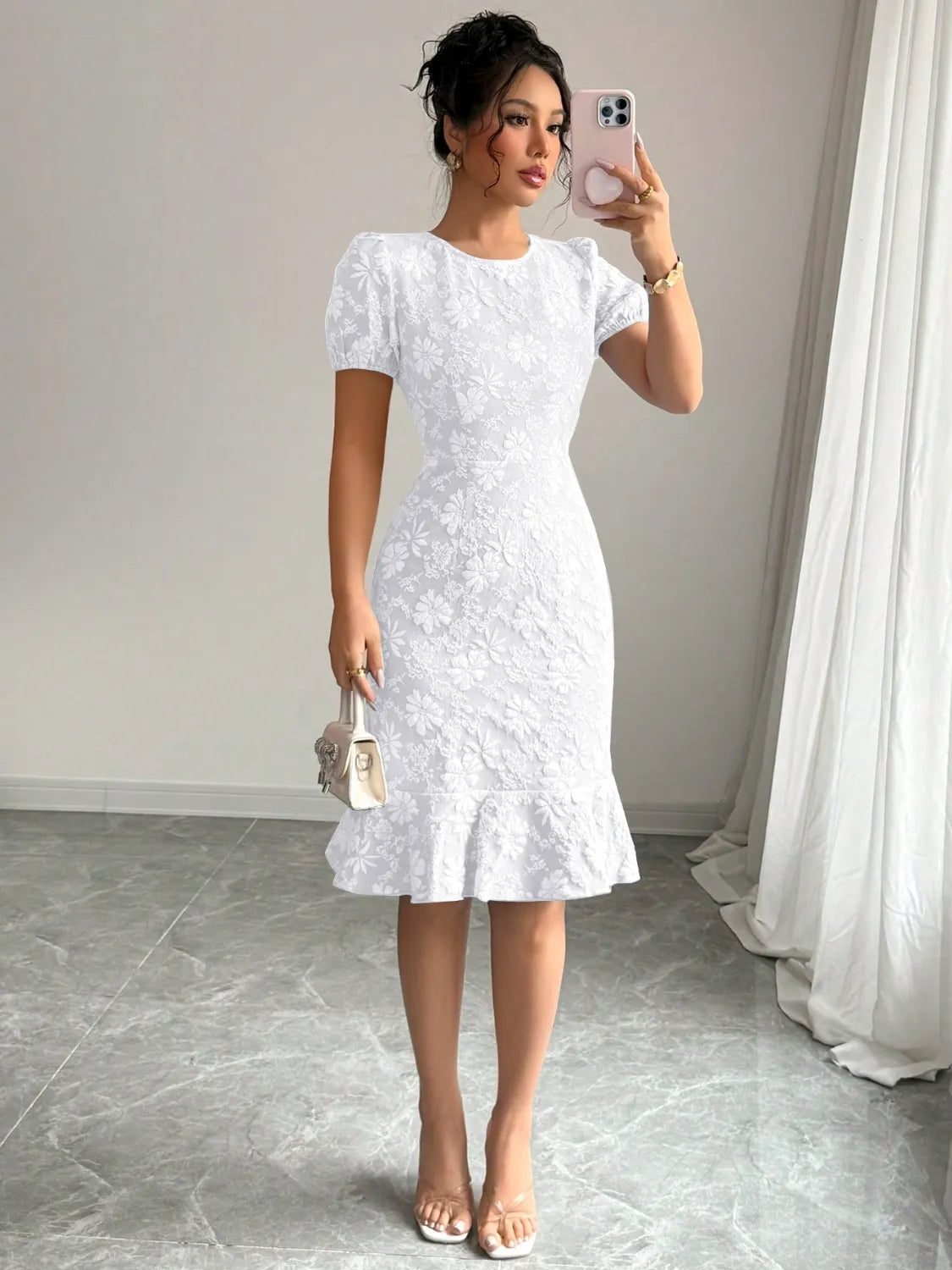 Ruffled Hem Flower Round Neck Short Sleeve Dress White OutfitFlow